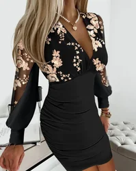 Sexy Deep V-neck Bodycon Dress Women Fashion Long Sleeve Print Dresses For Women 2024 Autumn Winter Mesh Patchwork Mini Dr