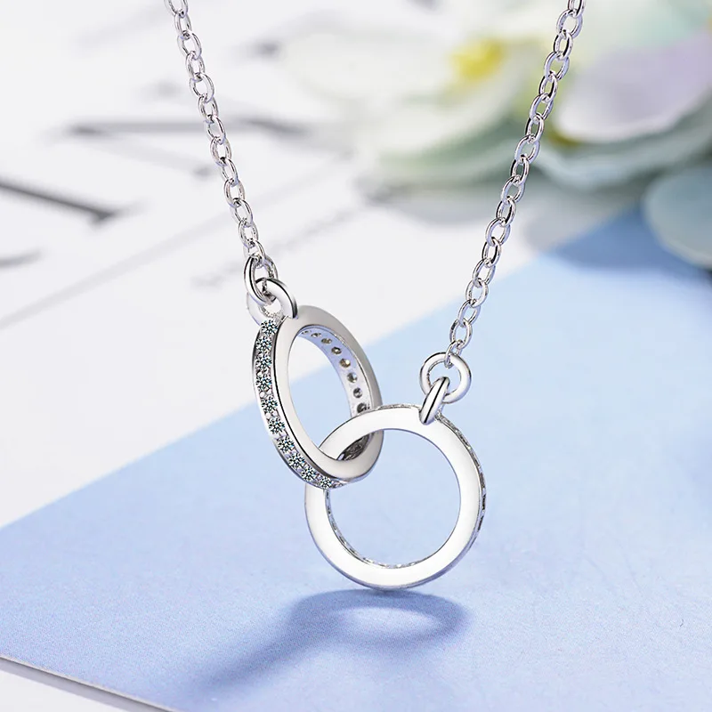 Classic Round Circle Connected Pendant Necklaces Shiny Micro Crystal Two Hoops Female Trendy Neck Accessories Jewelry Best Gifts