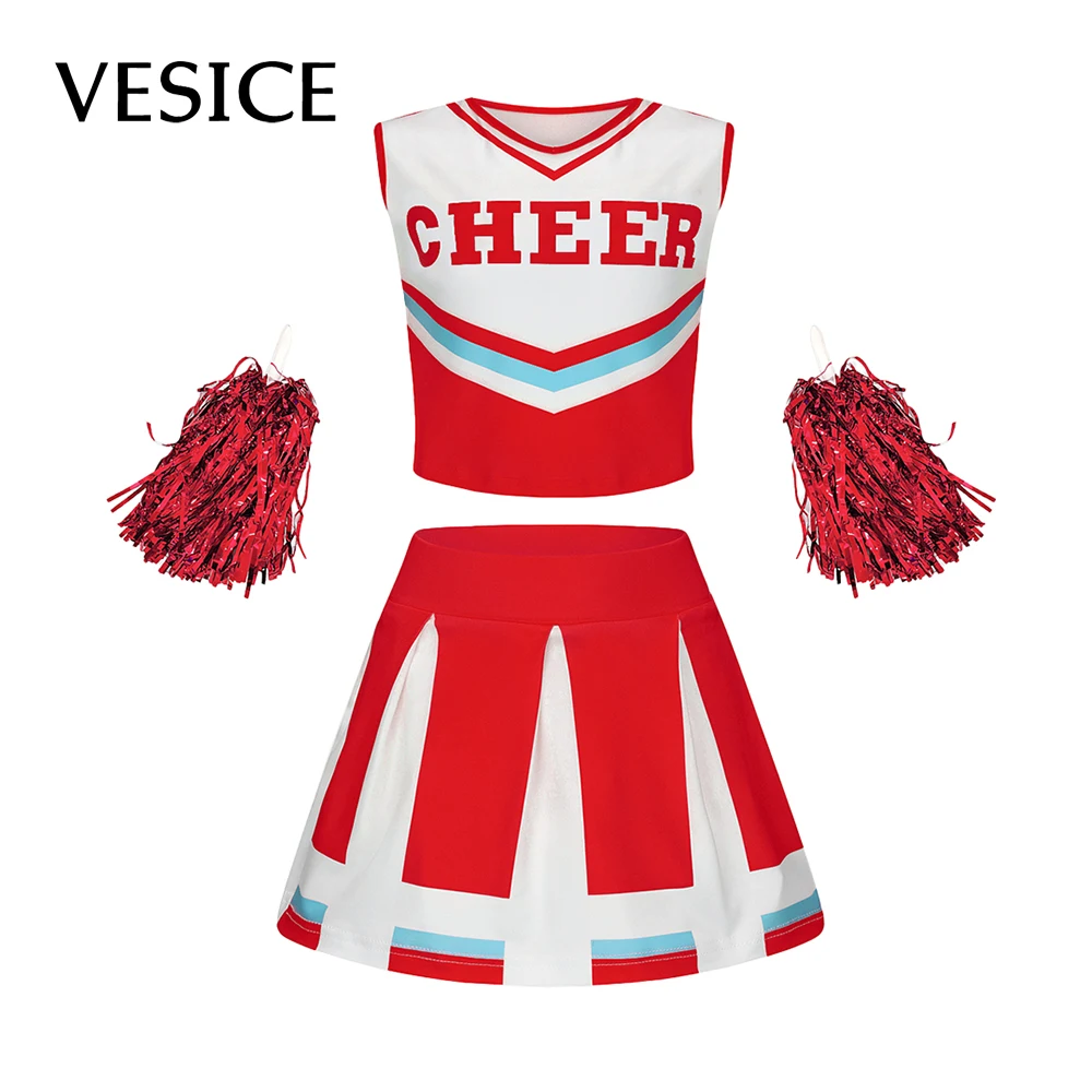 Set of 2 Cheerleading Uniforms Sleeveless Crop Top Pleated Skirt Set Costume Kids Girls Dance Costume Printed Vest Pleated Skirt