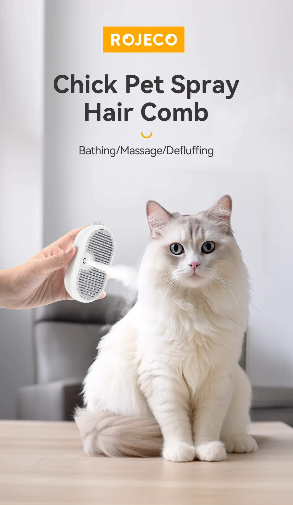 Rojeco Katze Dampf bürste Tierhaar Kamm elektrische Sprüh gerät Katzen haar bürsten für Massage drahtlose Katze Hund Haar bürste Pflege zubehör – Detail 1