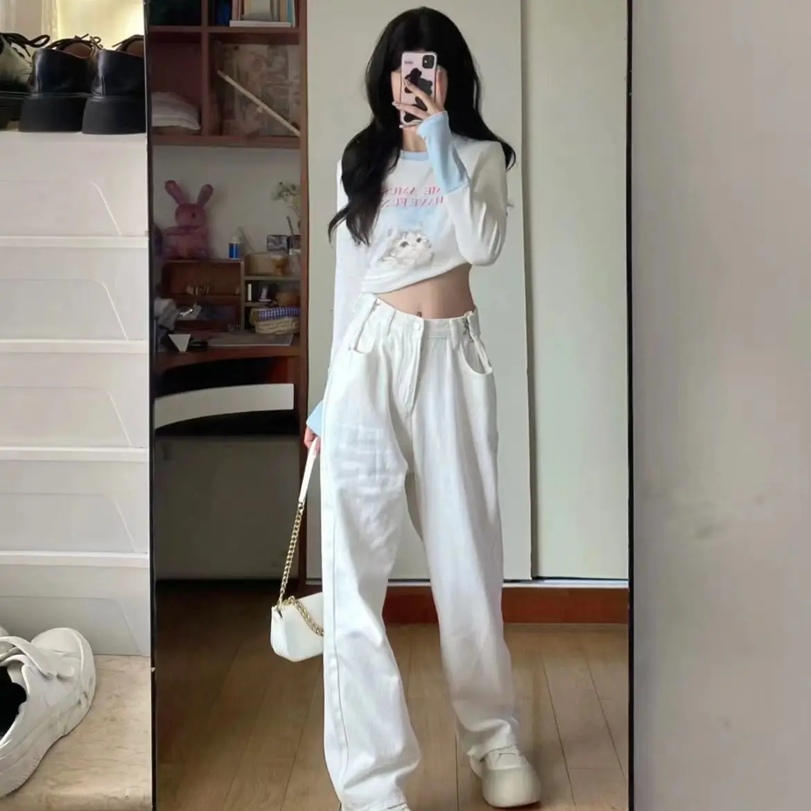 Autumn High Waist Loose Straight Wide Legs Woman Long Pants Button Fly Ankle-length Female Students Denim Trousers White Jeans