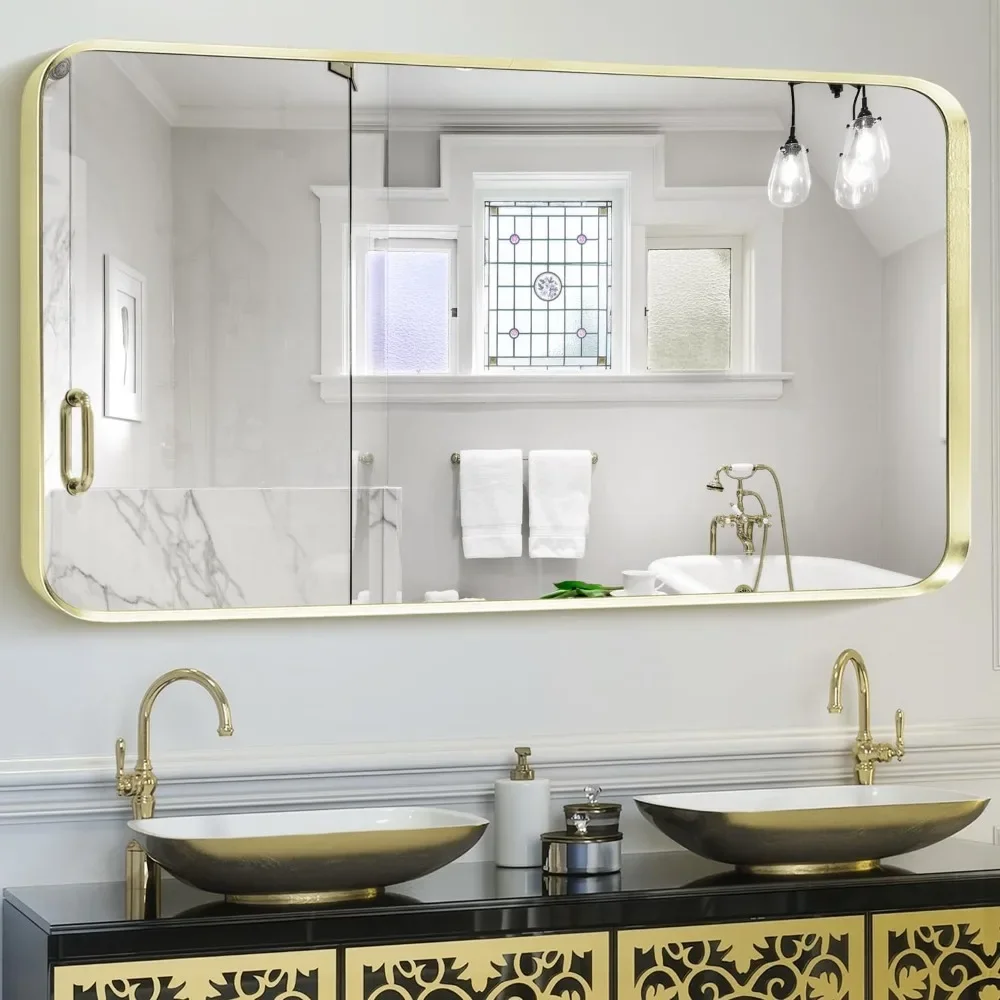 

Wall Mount Mirror for Bathroom, Large Brushed Gold Metal Framed Rounded Corner Rectangular Vanity Mirror Bathroom Products