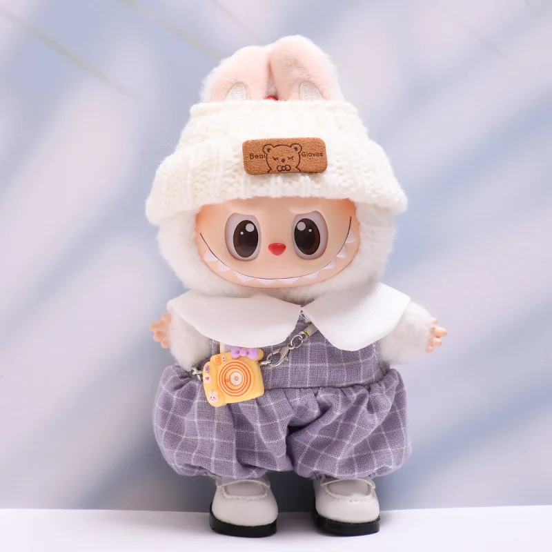 Labubu doll clothes Checkered Overalls 15/17cm Plush Doll'S Clothes Replacement Labubu I II Idol Dolls Sitting Party Accessories