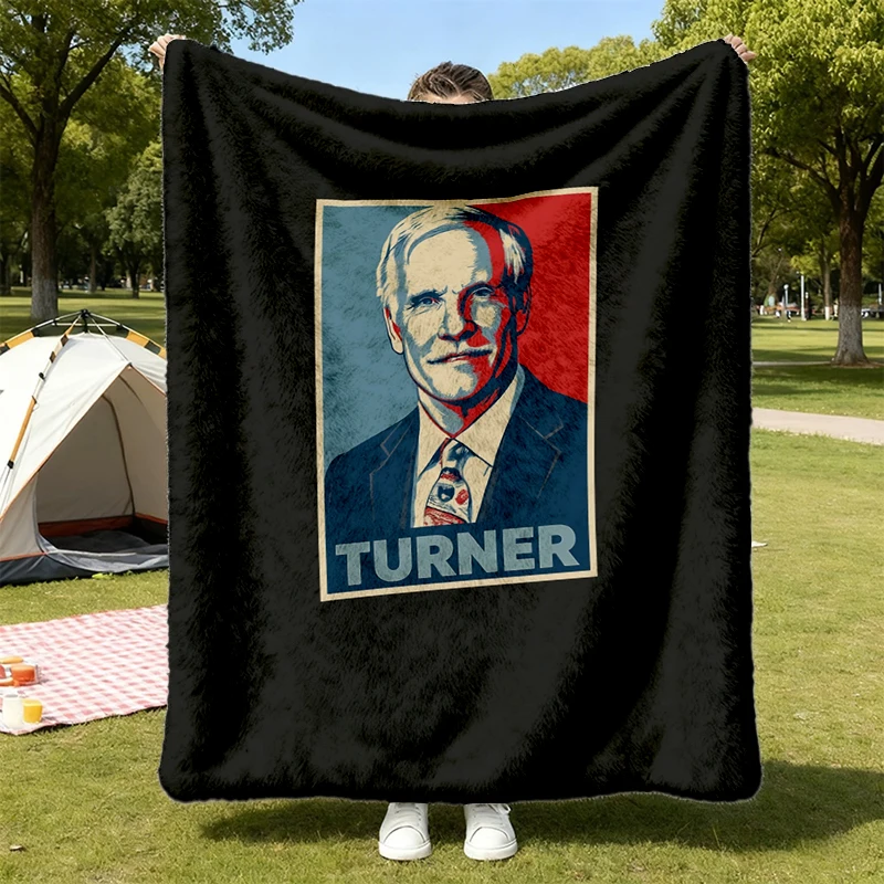 Ted Turner Flannel Blanket, Vintage Media Mogul Flannel Throw, Retro Newsroom Graphic Cozy Blanket, Founder Inspired