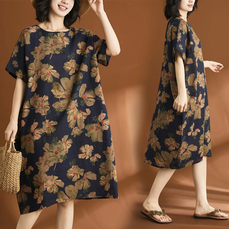 

Retro Artistic Cotton Linen Short Sleeve Women's Dress Slimming Ethnic Style Casual Loose Fit Printed Summer Dress