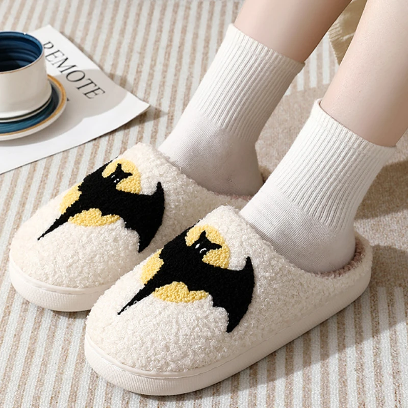 Halloween Bat Slippers Men Women 2024 New Cartoon Plush Warm Winter Cotton Shoes Couple Fashion Home Flat Shoes Soft Comfortable