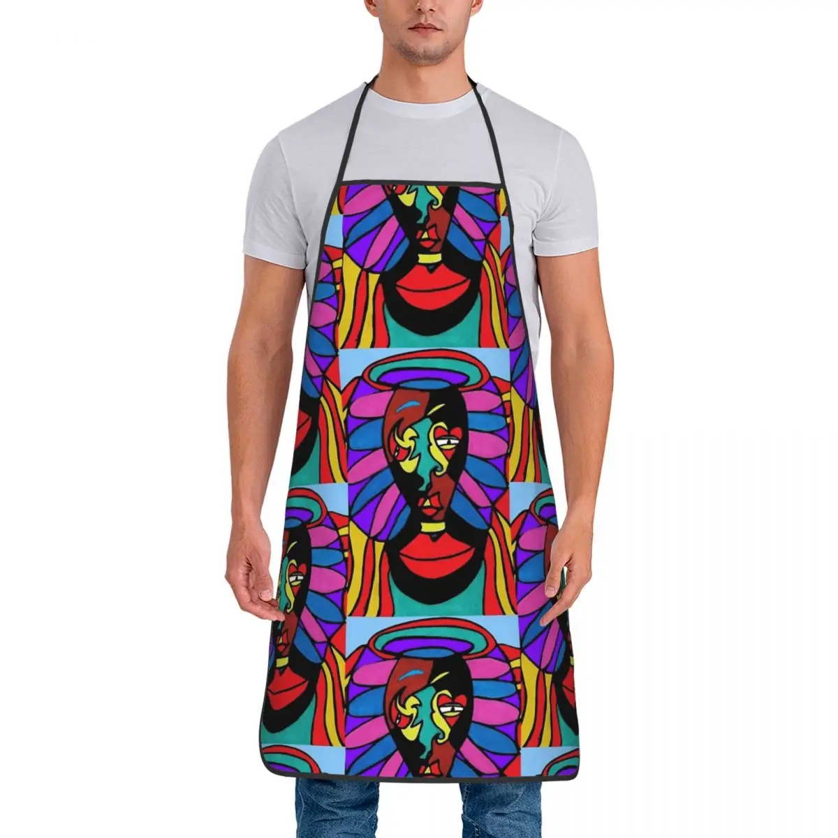 Funny Stained Glass Drummer Apron Men Women Unisex Kitchen Chef Abstract face Tablier Cuisine for Cooking Baking Gardening