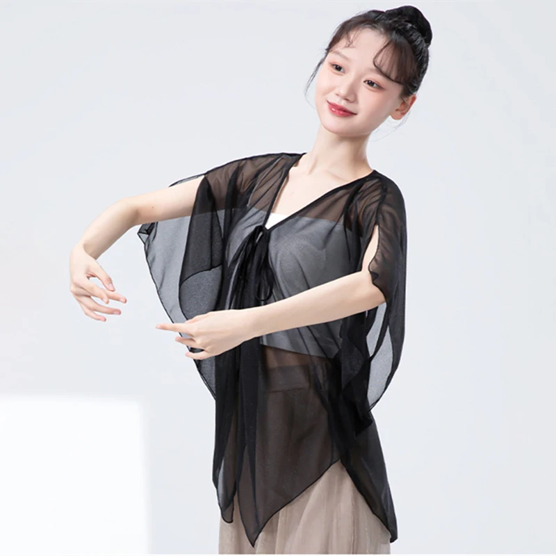 Top da danza classica da donna Manica a pipistrello divisa Cardigan legato fluido Costumi di performance popolare cinese Camicetta sari ampia Grembiule