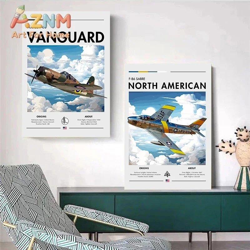 AZNM Retro Fighter Aircraft Canvas Wall Art, Military Jet Plane Poster, Decor for Boys Room Office Study