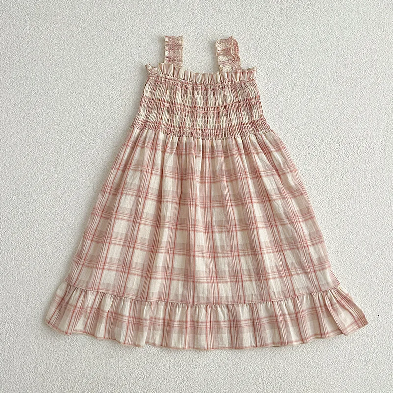 2026 Summer New Girls' Gentle Style Pleated Shoulder Strap Mid Length Cotton Dress 4