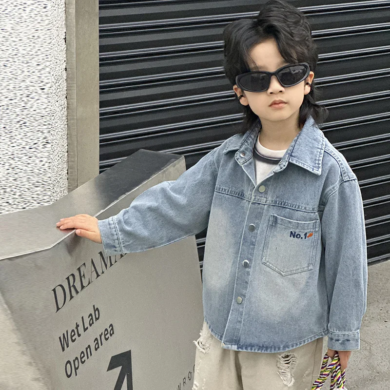 Korean Toddler Boy Fashion Brand Retro y2k Denim Jacket Street Wear Letter Pocket Jeans Coat Clothing For Kids Child Age 2-11 Y