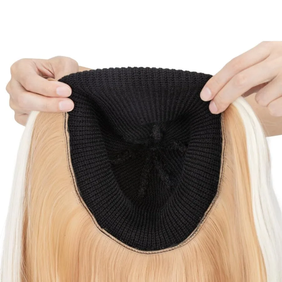 冬の灰色ブロンドショートストレートヘアエクステンション11インチニット帽ヘアピース女性用女の子用：スタイリッシュで暖かいヘアソリューション