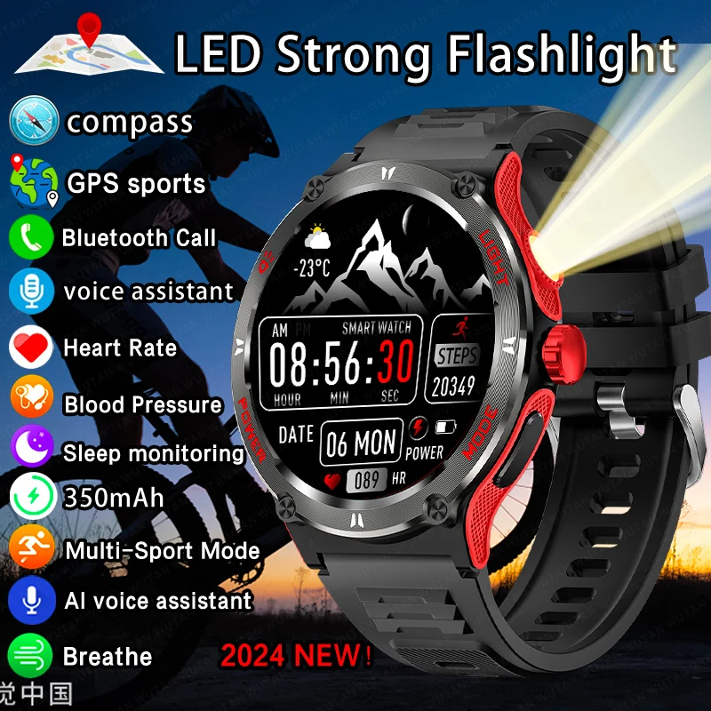 2024 New Sports Smart Watch Men LED Light Illumination AMOLED Screen Heart Rate Sleep Compass BT Call 3ATM Waterproof smartwatch