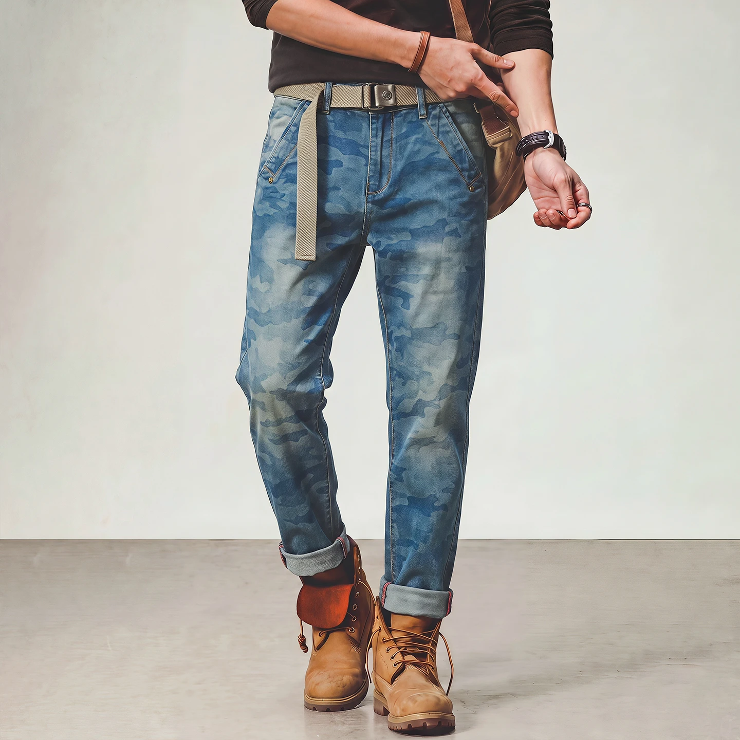Adjustable Waistband Camouflage Classic Fit Straight Cotton Stretch High Quality Jeans Autumn New Retro Men's Trousers