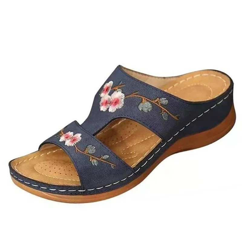 

2022 Women Sandals Premium Orthopedic Open Toe Slipper Vintage Anti-slip Pu Leather Casual Female Platform Embroidered Shoes