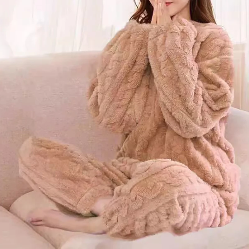 Autumn Winter Loose Sweet Casual Pajamas Women\'s Set Thick Fleeceing Wool Long Sleeve Top Home Elastic Waist Long Pants Trousers