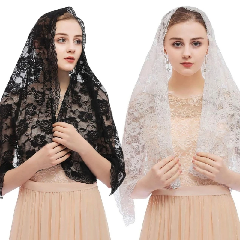 Bride Veil Lace Trim Shawl for Mantilla Wedding Party Headwear Lace Scarf Veil DXAA