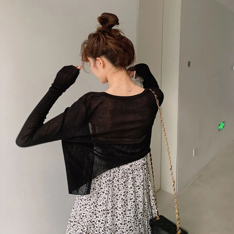 Ice Silk Knitted Summer Lightweight Short Cardigan Women's Sun Protection Outerwear Air Conditioning Black Cover up Top