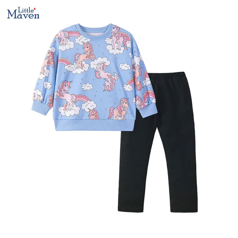 

Little maven, весенне-осенний комплект из двух предметов, свитшот с единорогами из мультфильма для маленьких девочек + леггинсы, детская одежда, наряд для девочек, костюмы принцессы