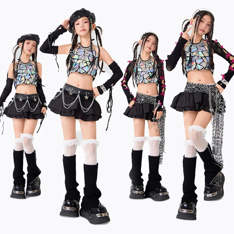 2026 New Group Jazz Dance Costume Girls Performance K-pop Outfits Mirrors Top Skirts Children Ballroom Dance Wear XS11974