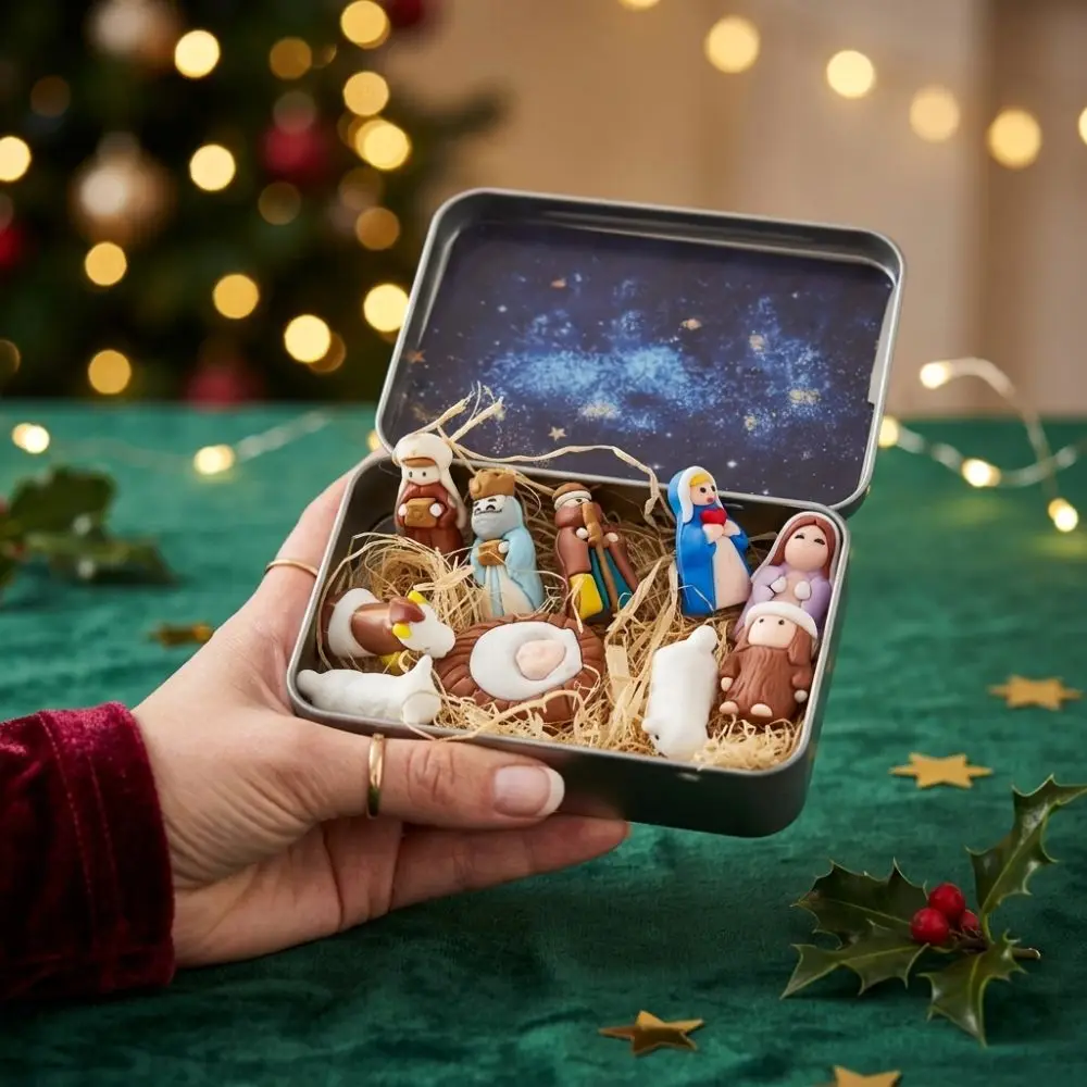 Metal Tin Box Mini Christmas Trough Set Hand Painted Holy Family Nativity Manger Scene Kit Shepherd Animal 3D Printed