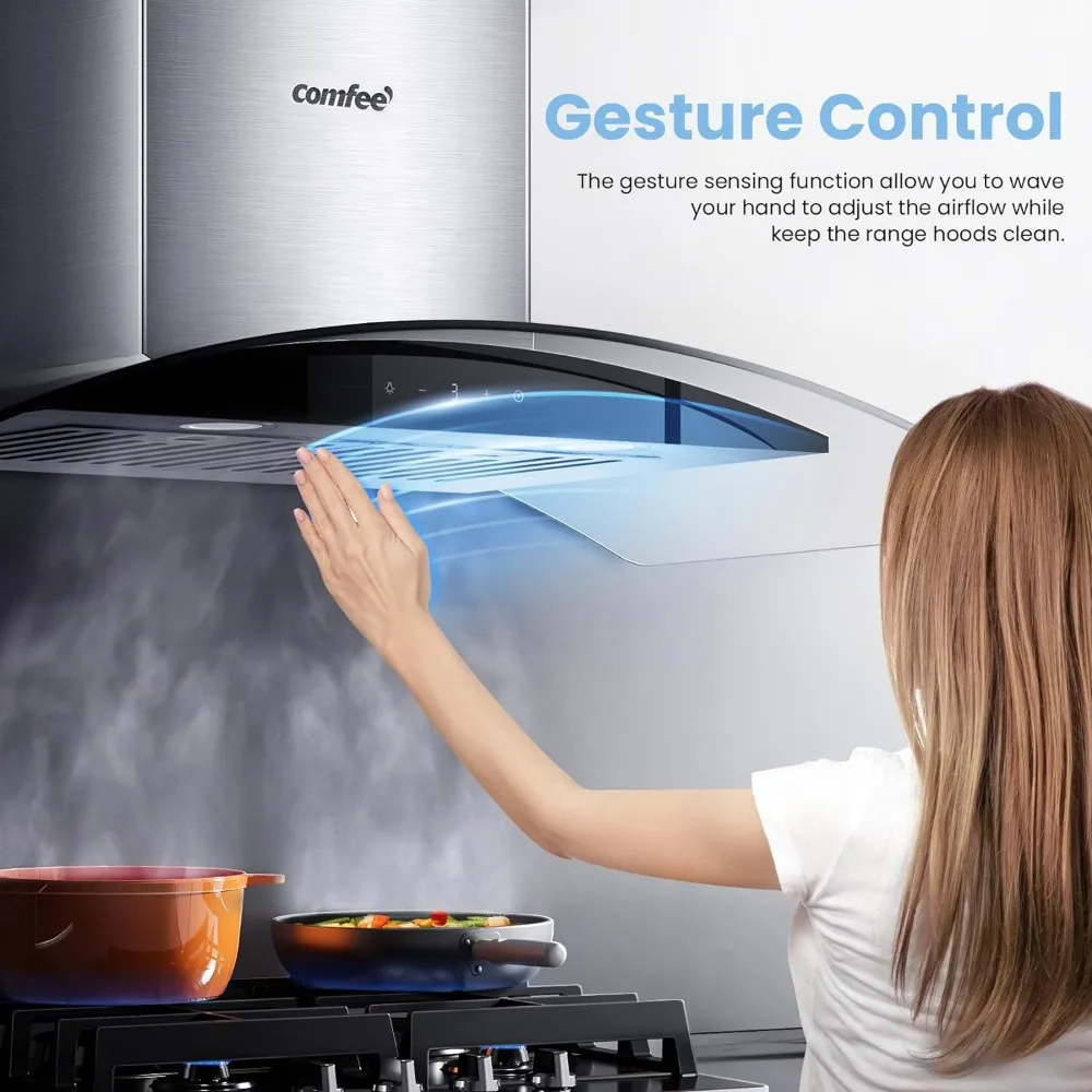 Curved Glass Range Hood 36 Inch 450 CFM 3 Speed Gesture Sensing &Touch Control Panel Stainless Steel Kitchen