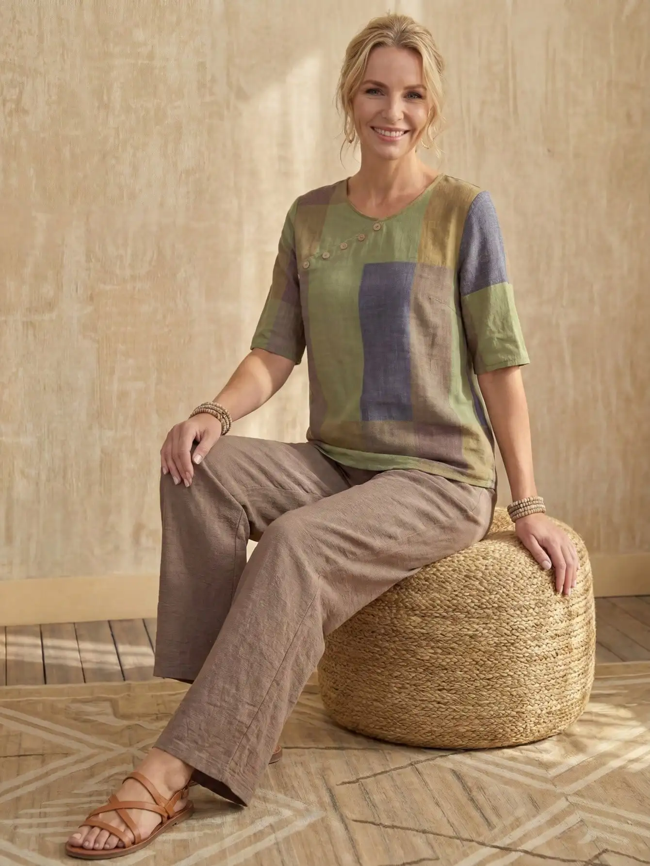 Women's Patchwork Colorblock Button-Front Top & Wide-Leg Pants Set