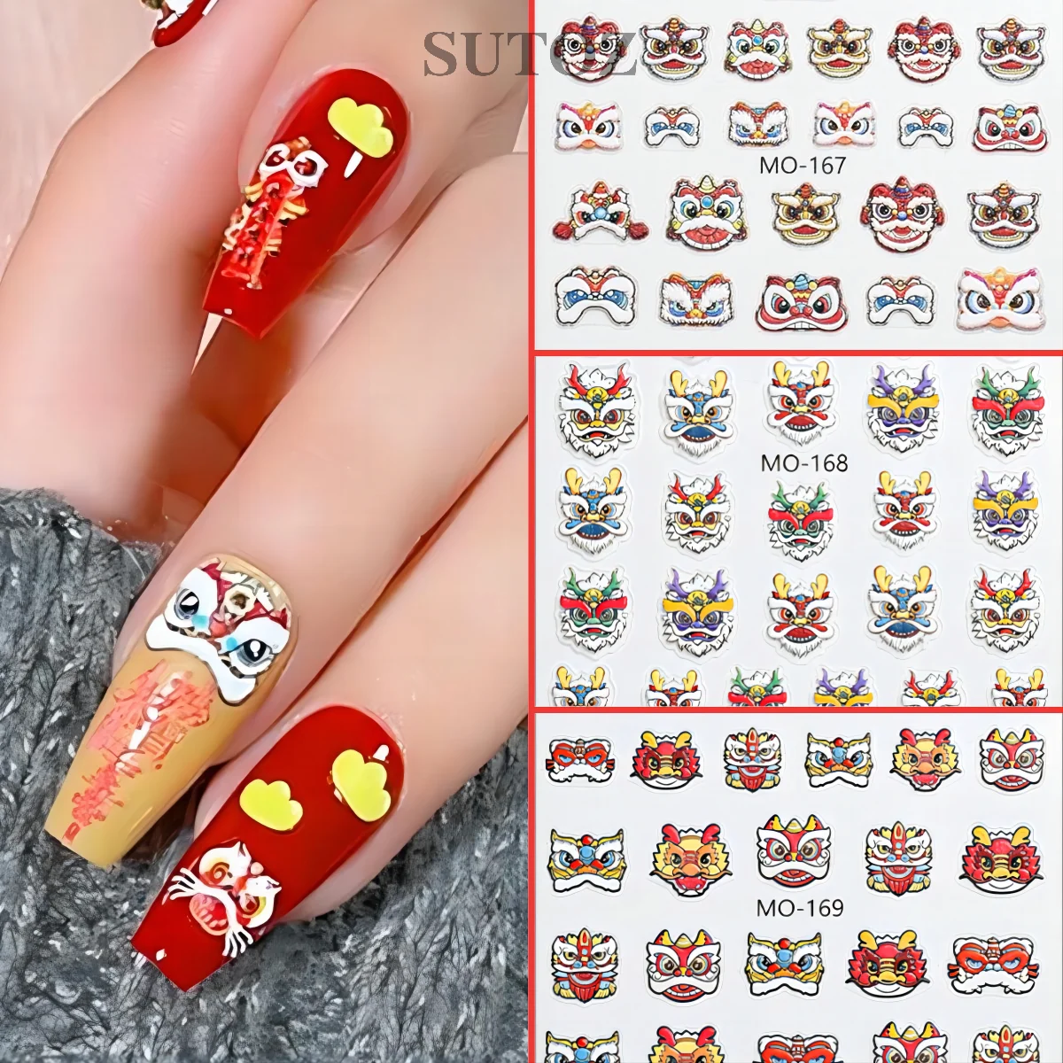 Embossed Lion Awakening Nail stickers Cute Awakening Lion Manicure National Trend Fashion Chinese Style New Year Nail Decals #MO