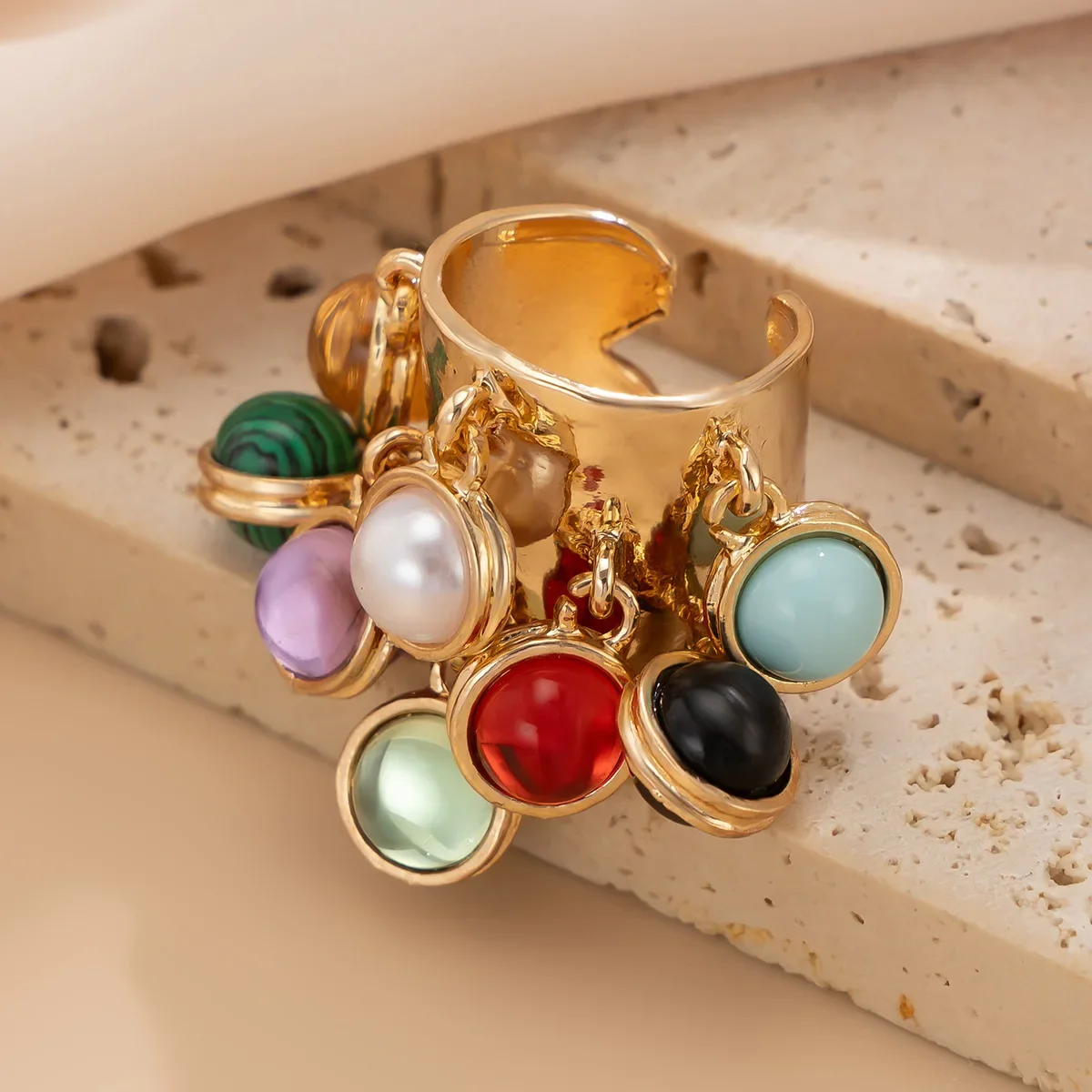 Vintage Natural Stone Multi-pendant Tassels Pendant Open Ring Women\'s Beaded Heart Ring Wedding Party Jewelry