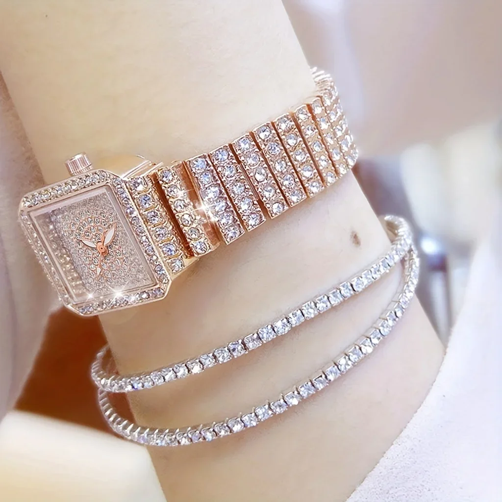 3pcs/set Ladies Watch Luxury Women Watch Crystal Rhinestone Watches Quartz Stainless Steel Strap Wristwatch Square Dial Wrist