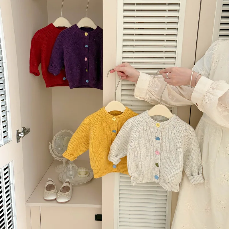 2026 Autumn New Children Sweater Coat Cotton Girls Color Dots Knitted Cardigan Toddler Long Sleeve Casual Knitwear Kids Clothes