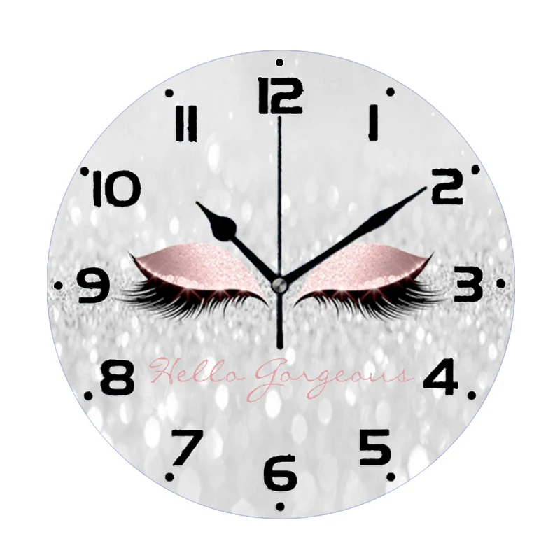 Girly Glitter Pink Eyelash Lashes Makeup Round Wall Clock for Beauty Salon Decor Sparkle Eye Lash Big Wall Watch for Living Room