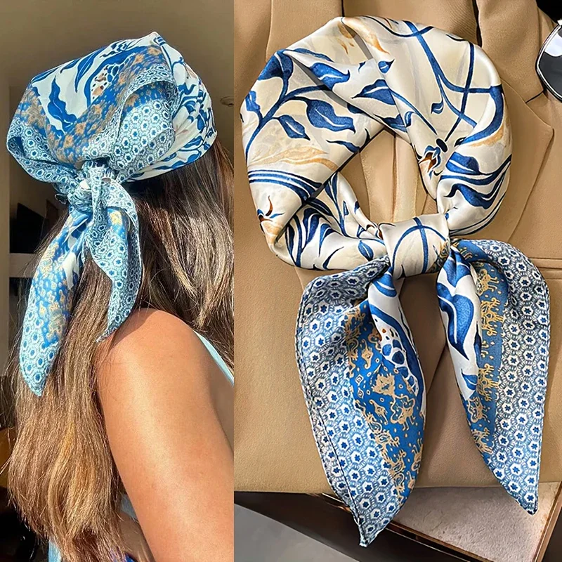 

2025 New Satin Hair Scarf Women Handkerchief Print Female Head Bandana Small Neck Muffler Hijab Lady Girl 70*70cm Square Shawls