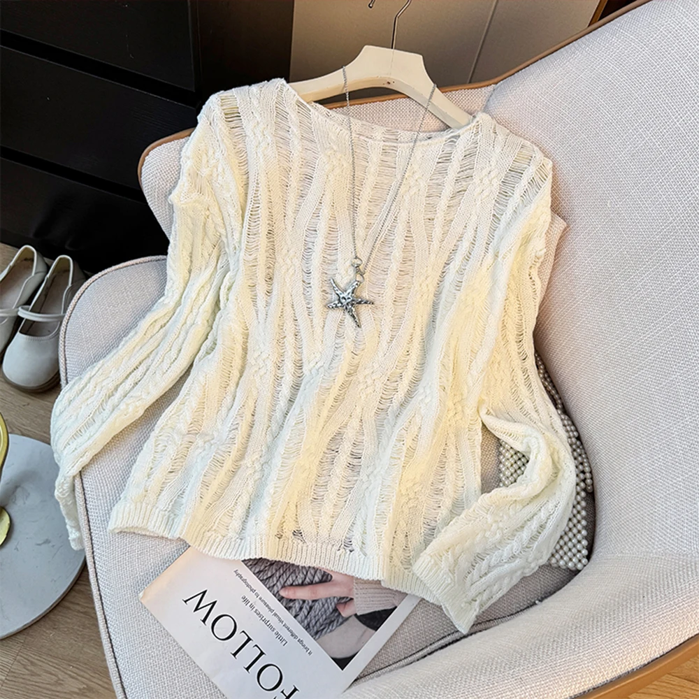 

Crochet Design Pullover Solid Color Long Sleeve Top Sun Protection Cover Up Minimalist Style Knit Top Spring Womens Clothing