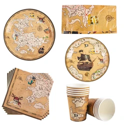 Stoviglie usa e getta a tema pirata Mappa del tesoro Nave Piatto di carta Tazza Tovaglia Forniture per decorazioni per feste di compleanno pirate per bambini