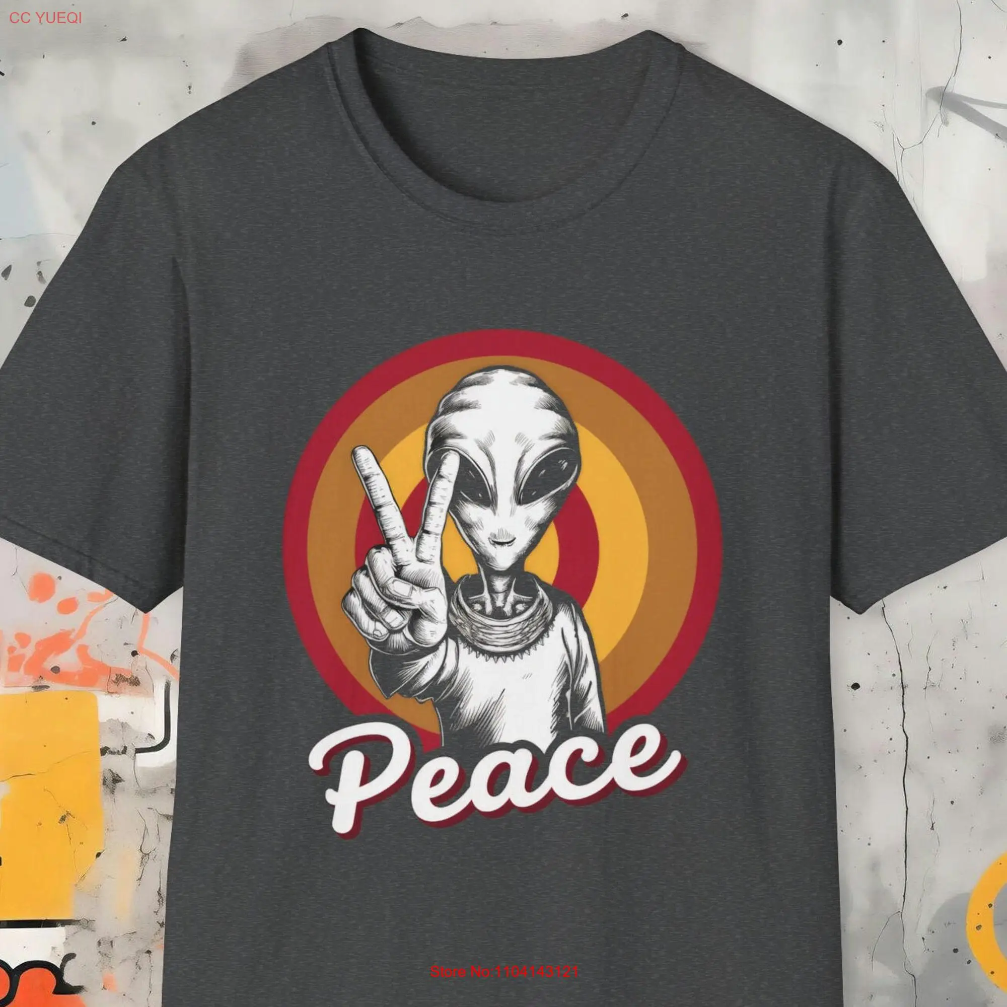 

Retro Galactic Peace Alien T Shirt Soft Cotton Crewneck Vintage Space Flair Intergalactic for Friends and Family 8 Colors