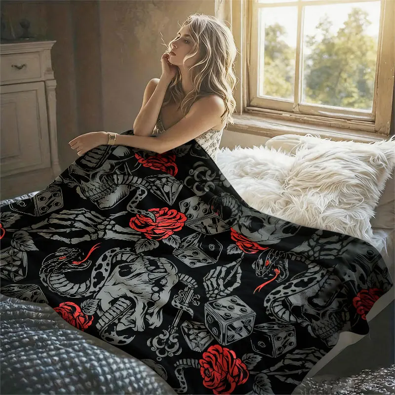 Skull Snake Rose Flannel Blanket Warm Soft Halloween Christmas Decorative Couch Warm Cozy All-Season Gift