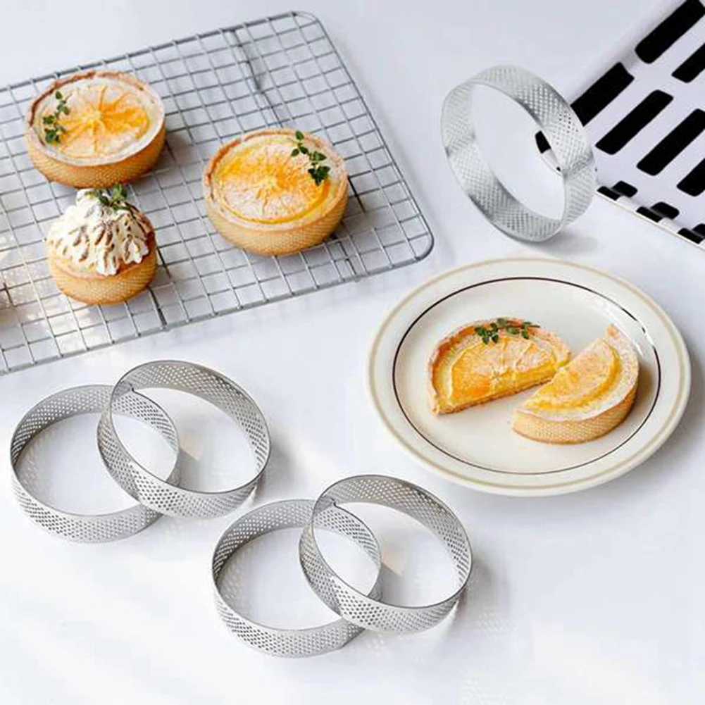 5Pcs Circular Tart Rings with Holes Stainless Steel Fruit Pie Quiches Cake Mousse Mold Kitchen Baking Mould 7cm