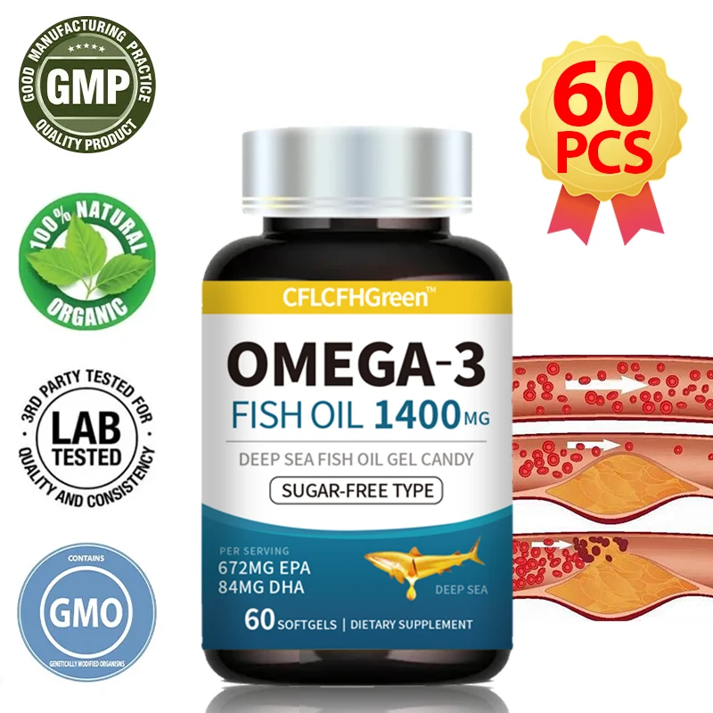 60Pcs Blood Lipids Cleanse Fish Oil Omega3 High Quality Capsules For Heart Skin Joint Eye Health Blood Vessels Cleansers