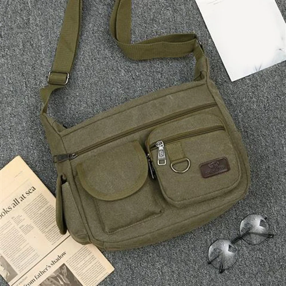 Korean Style Men Messenger Bags Large Capacity with Pocket Canvas Crossbody Bag Zipper Solid Color Travel Tool Bag Outdoor