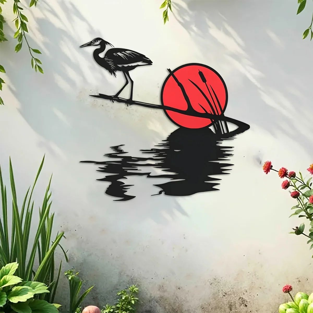 CIFBUY 2D Iron Heron on Branch Wall Sign, Red Sun Bird Reflection Metal Wall Art for Garden Patio Porch Entryway