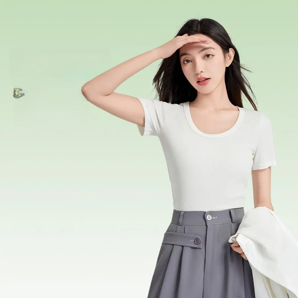 

Women's 5A Bacteriostasis Short-Sleeved T-Shirt Summer Solid Color Cotton Thread Shoulder Bottoming Top