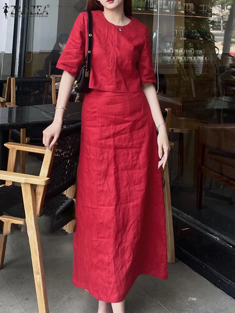 

ZANZEA Модные однотонные комплекты платьев из 2 предметов Женские повседневные укороченные топы с короткими рукавами Костюм Длинные юбки Комплекты из 2 предметов Одинаковые комплекты Костюмы