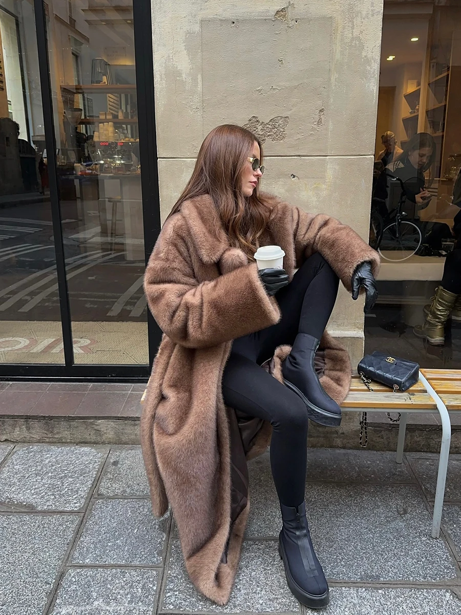 Premium Belt Brown Gradient Faux Mink Fur Maxi Coat for Women Winter Fashion 2025 Vintage Luxury Old Money Parka Outwear