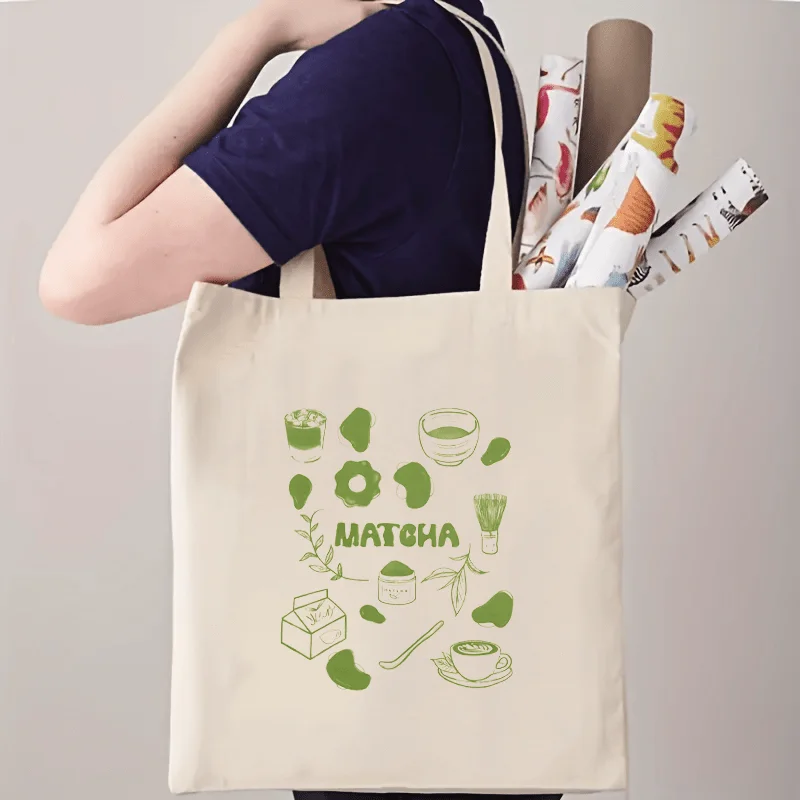 A tea-colored element Pattern printed canvas tote bag, suitable for daily use, shopping, school, and travel