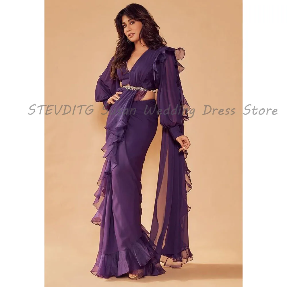 Purple Evening Dresses Flowing Hollow Out V Neck Long Sleeves Trumpet High Quality Banquet Celebrity Female Prom Party Gowns