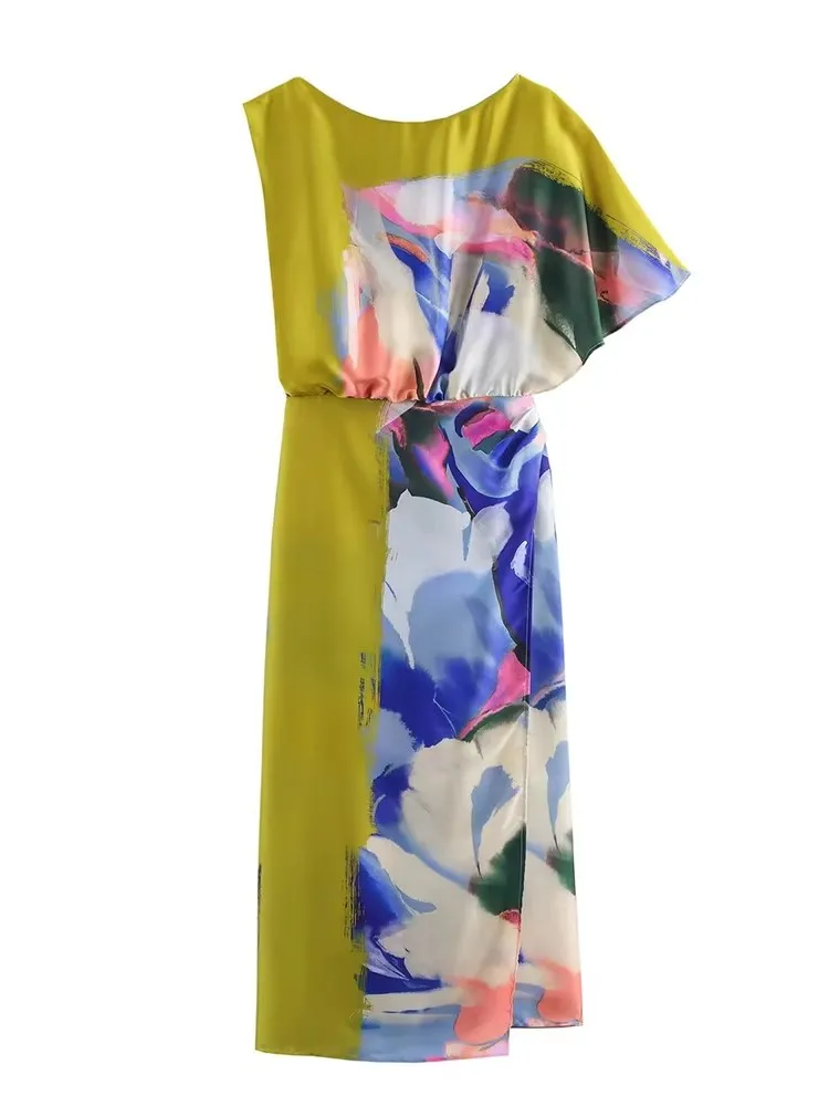 빈티지 플라워 프린트 드레스 여성 2025 뉴 여름 우아한 세련된 비대칭 오-넥 롱 드레스 휴가 보헤미안 Bodycon 미디 드레스