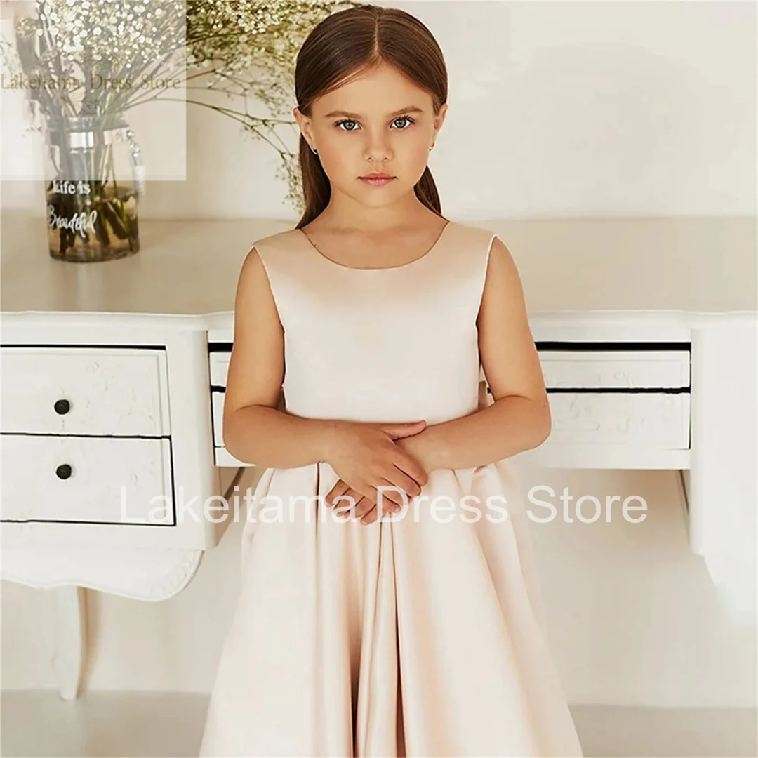 Satin Lovely Sleeveless Fluffy Bow Belt Flower Girl Dress Princess Ball First Communion Dresses Surprise Birthday Present