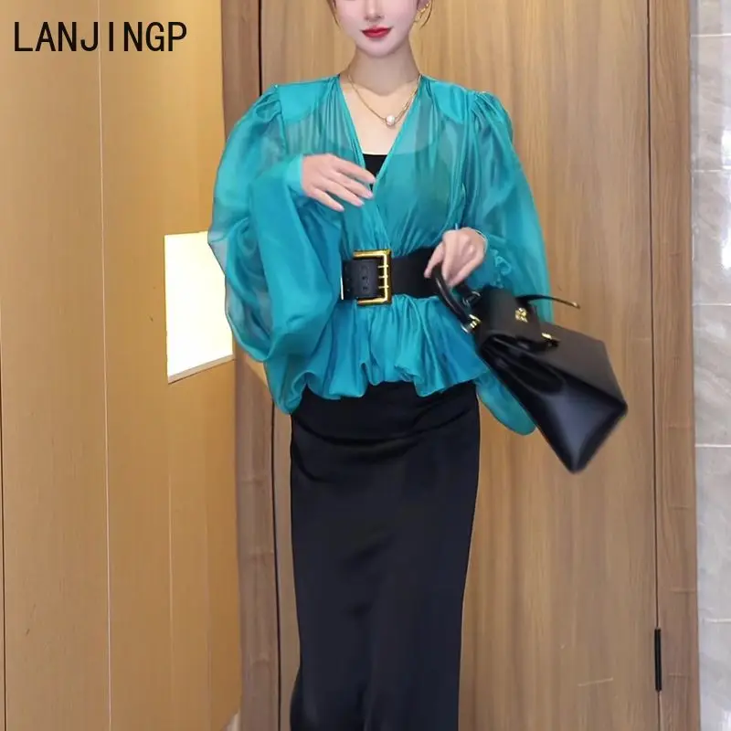 Damska koszula z lekkiej, mikroprzezroczystej siateczki z bufiastymi rękawami, nowość na wiosnę i lato 2025, elegancka bluzka z dekoltem w serek.