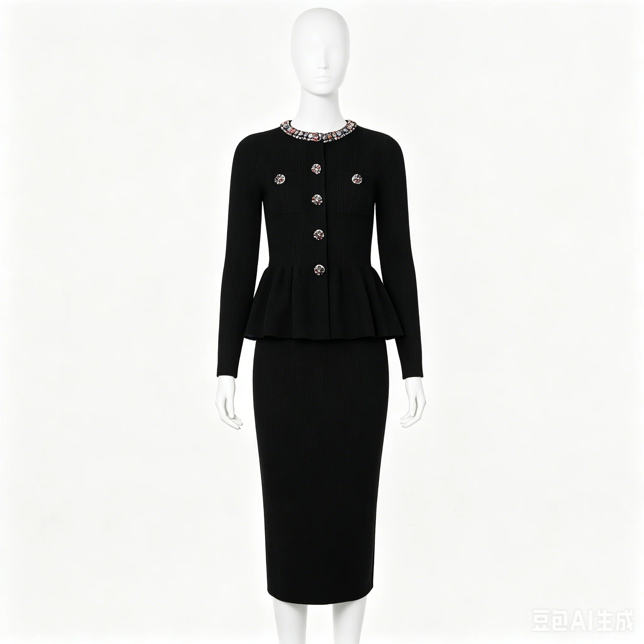 High Quality Spring And Autumn New Fashionable Commuting Nail Drill Round Neck Long Sleeved Knitted Women's Top Jacket+Skirt Set